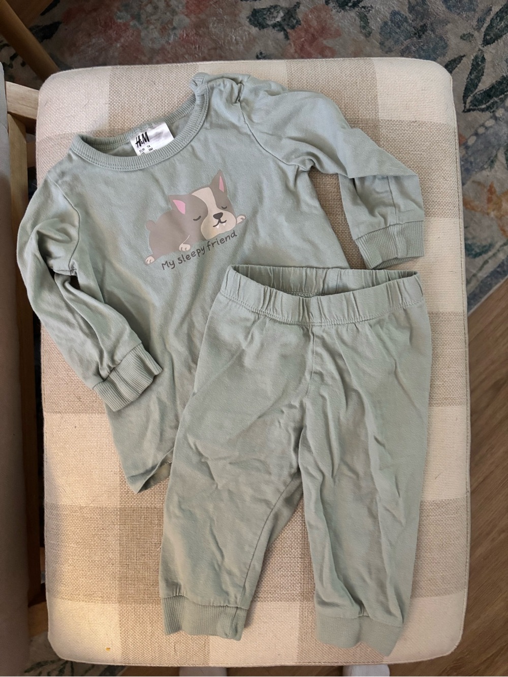 H&M Green Baby Pajama Set with Sleeping Puppy Print